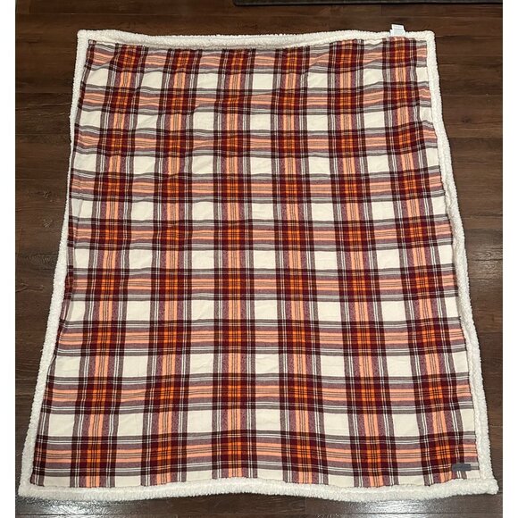 Eddie Bauer Plaid Sherpa Throw Blanket 50" X 60" Tan & Orange Cozy Reversible So - Picture 14 of 14